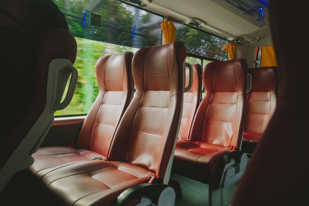 Rows of red leather seats inside a passenger coach with greenery blurred past the windows